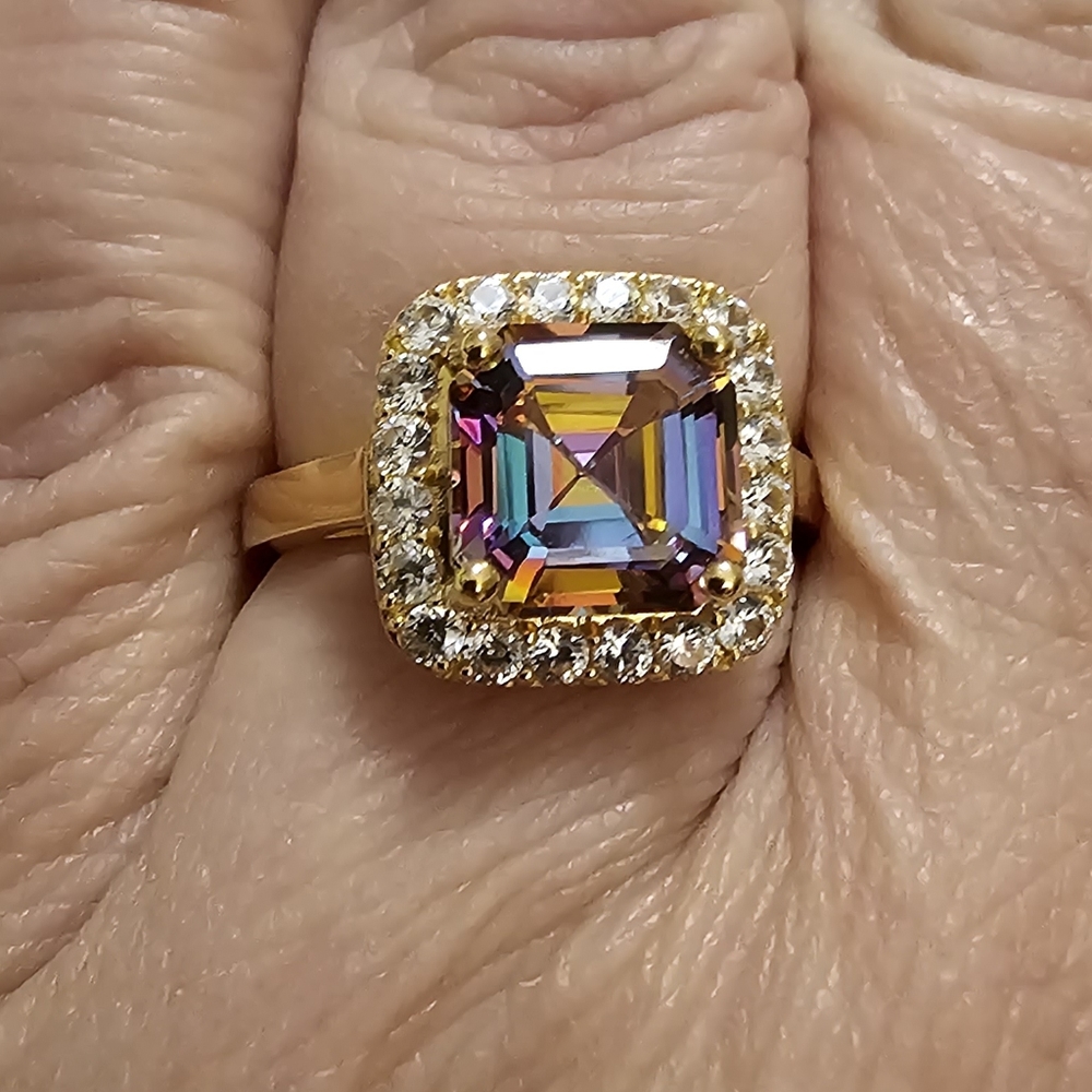Sz 9, Northern Lights Quartz, White Zircon, 18K Yellow Gold Over 925 Silver,NWT